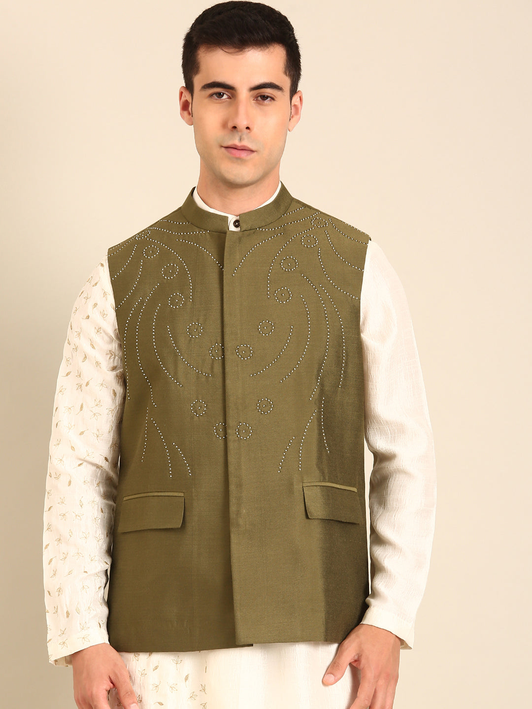 Green Silk Cotton Nehru Jacket
