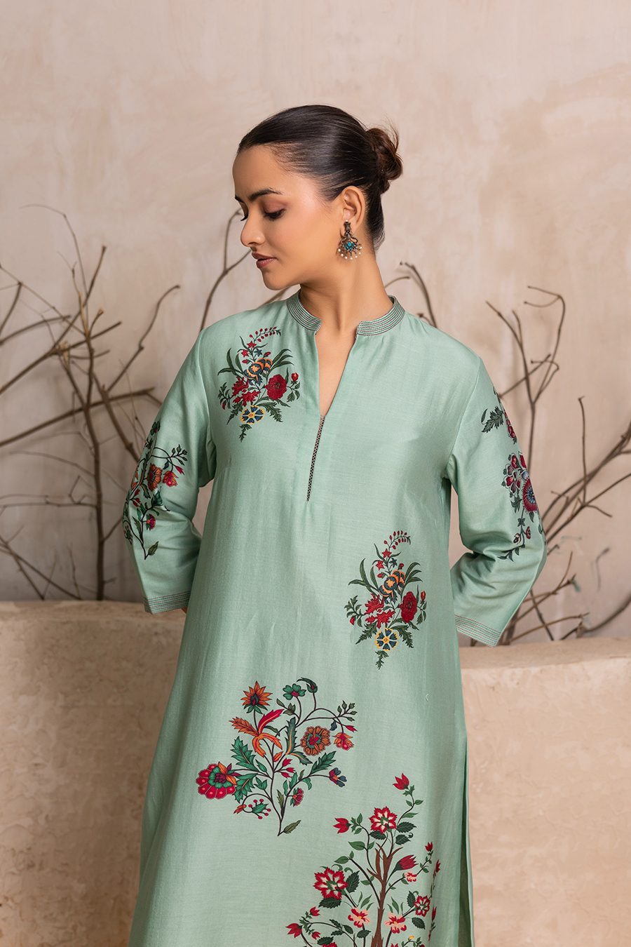 Mint Silk Chanderi Floral Boota Printed Tunic (1 PC)