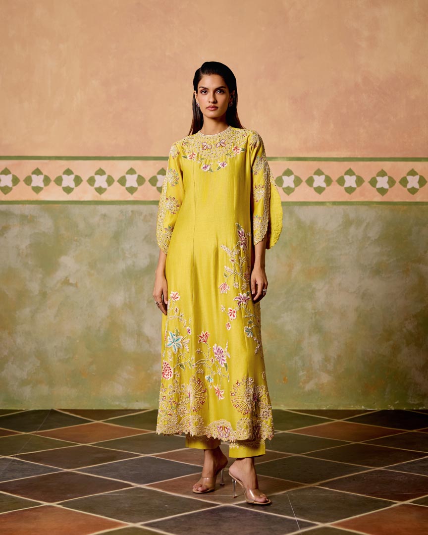 YELLOW CONTRAST CORDWORK FLARED LONG KURTA
