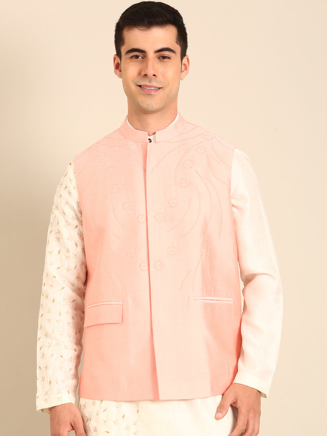 Baby Pink Silk Cotton Nehru Jacket