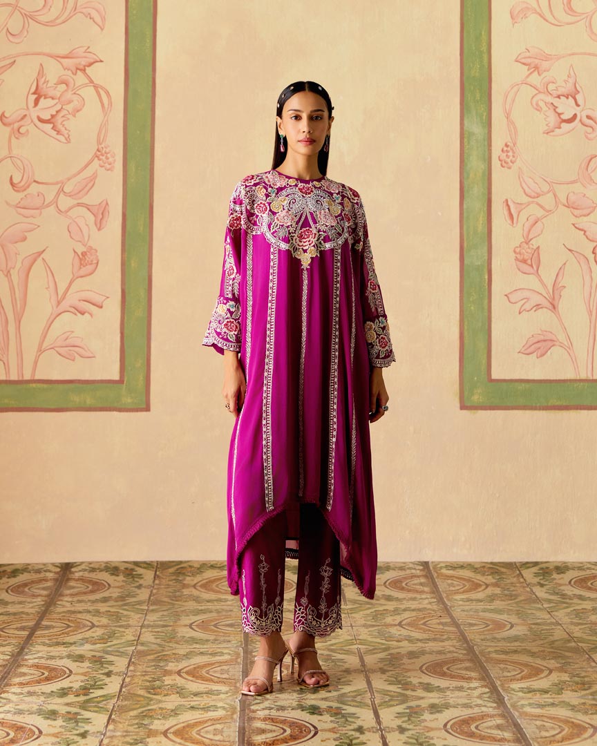 PURPLE CONTRAST EMBROIDERED KIMONO KURTA