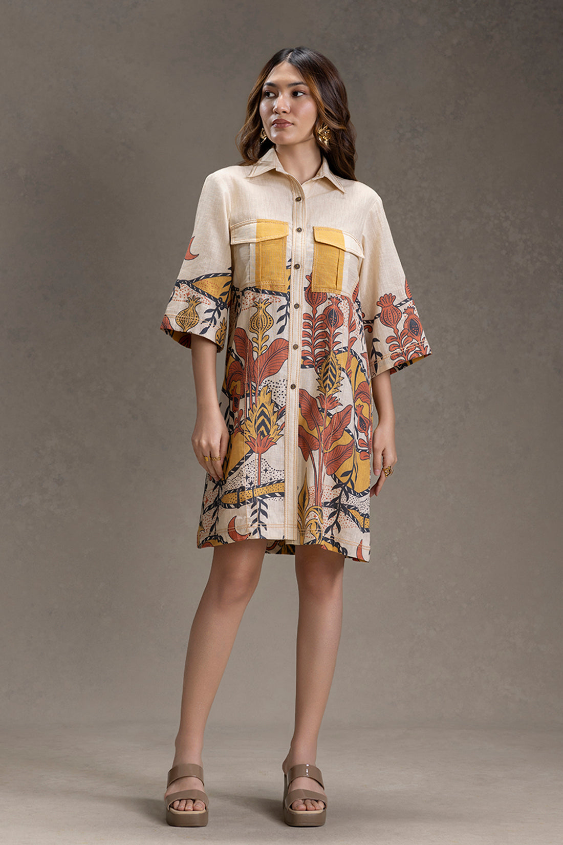 Beige Naomi Printed Shirt Dress