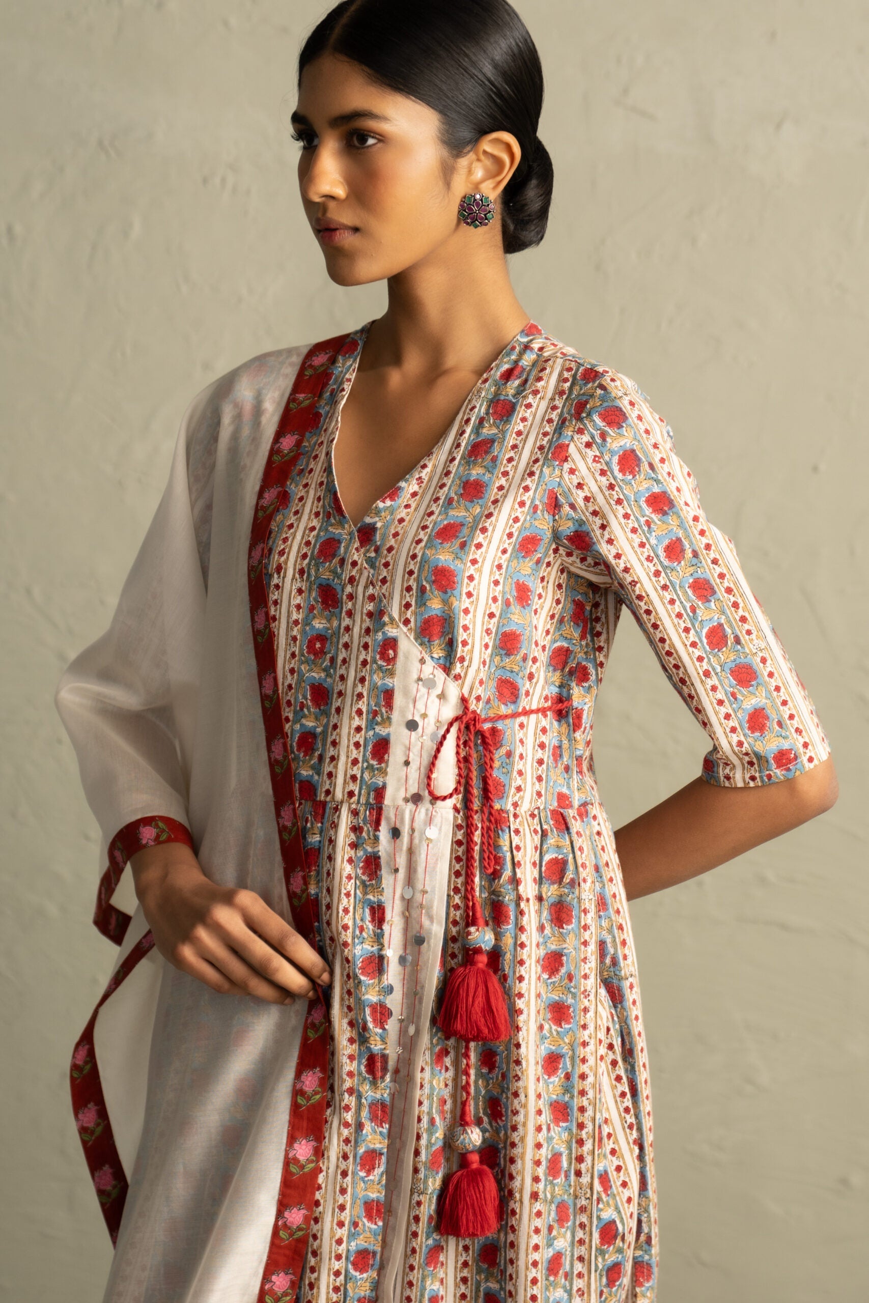 Cream Phool Dori Hand Block Angrakha Straight Kurta Set