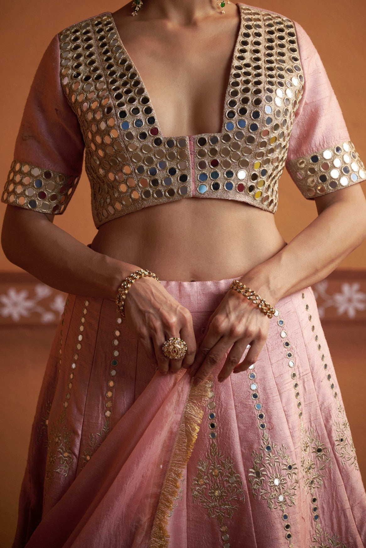Kalidar blush pink hand embroidered lehenga with blouse and dupatta