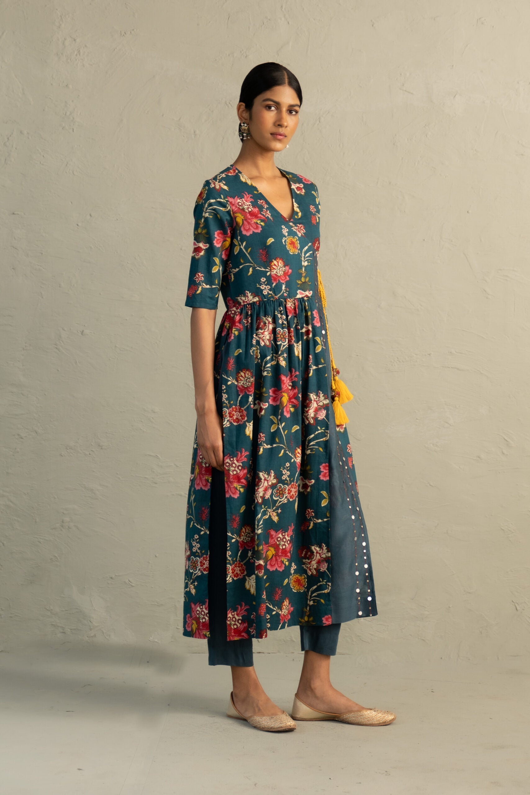 Teal Phool Dori Angrakha Straight Kurta Set