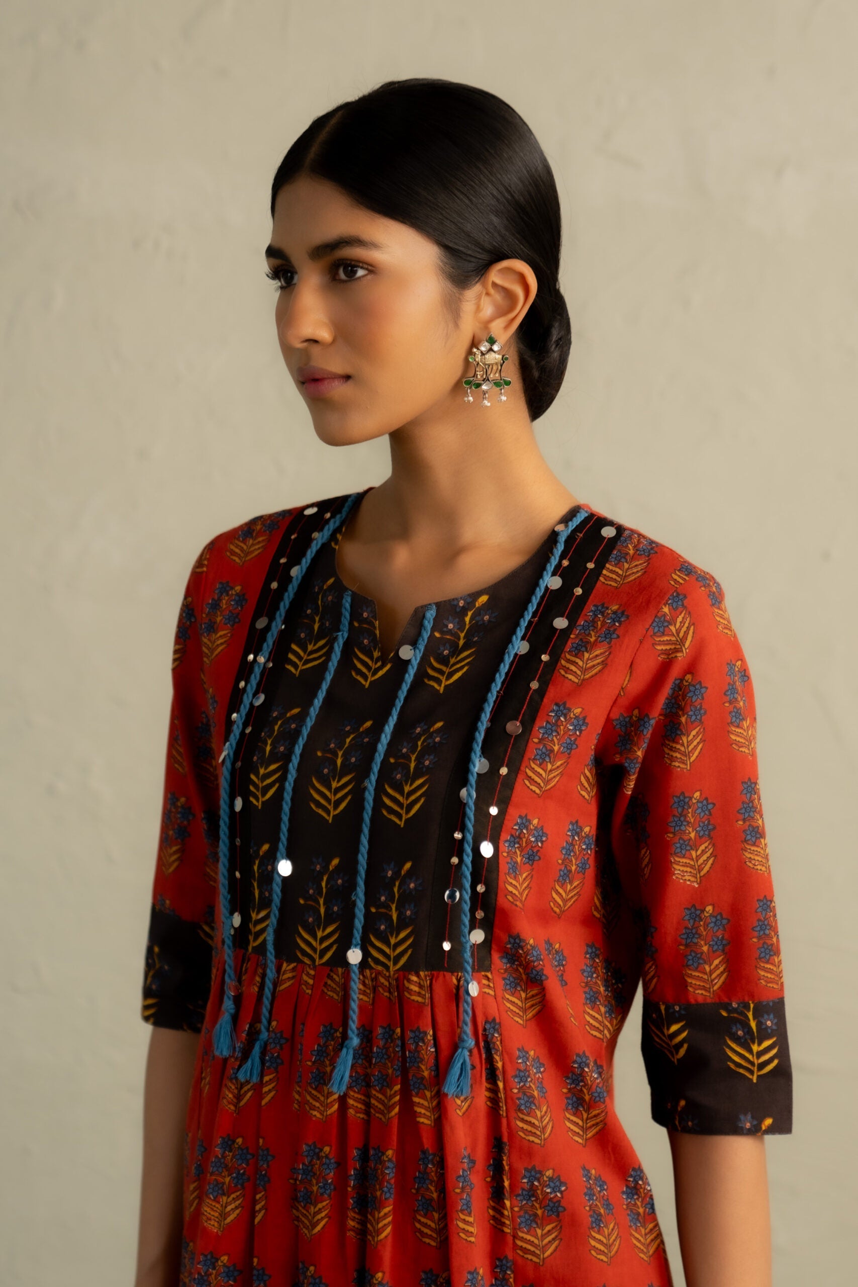 Red Phool Dori Hand Block Kurta Set