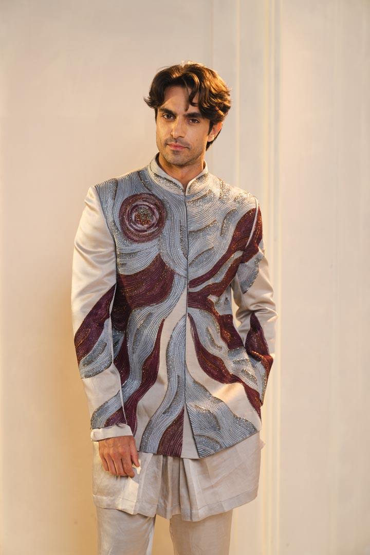 silver and wine handpainted silk bandhgala set