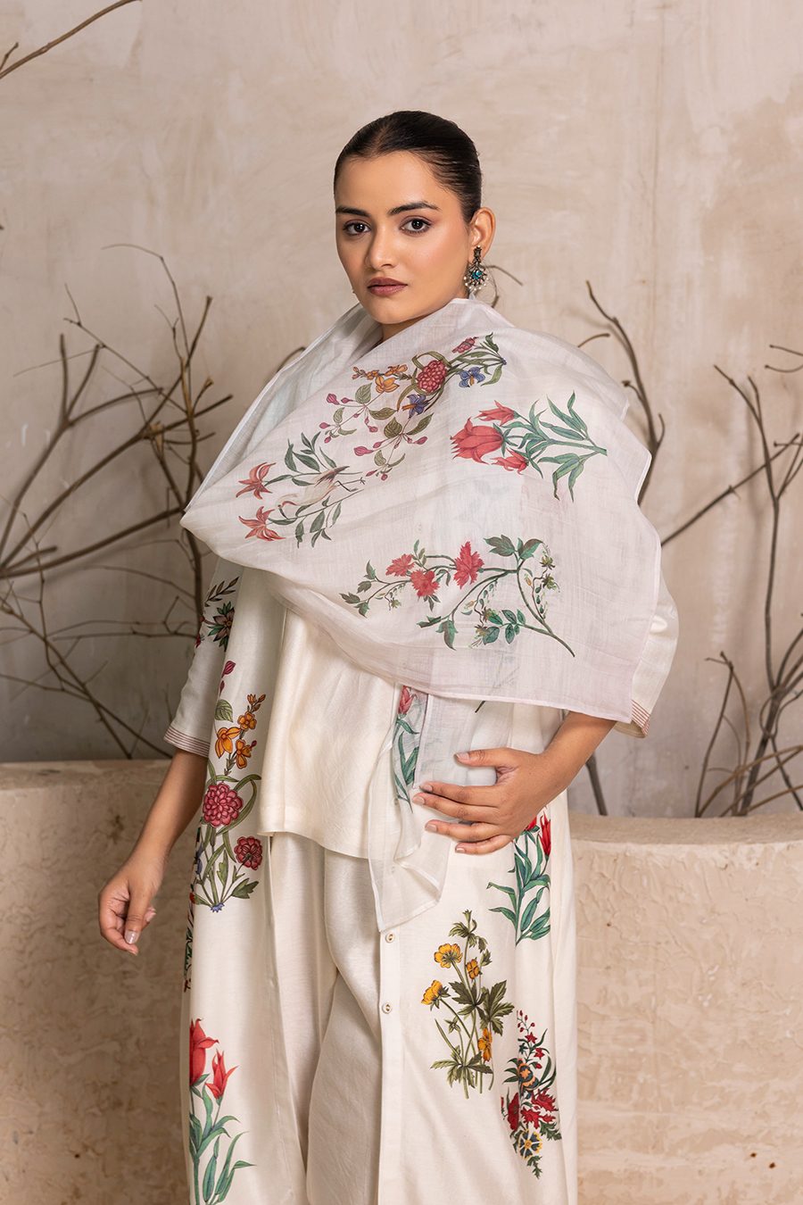 Ivory Silk Chanderi Floral Printed Stole (1 PC)