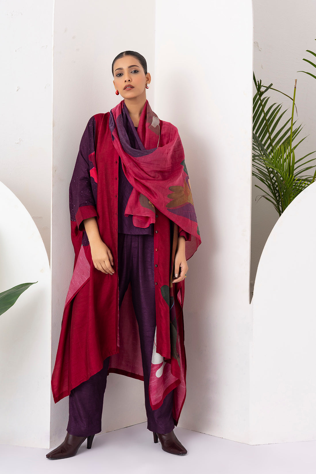 Red Viscose Dupion Printed Kaftaan Style Dress (1 PC)
