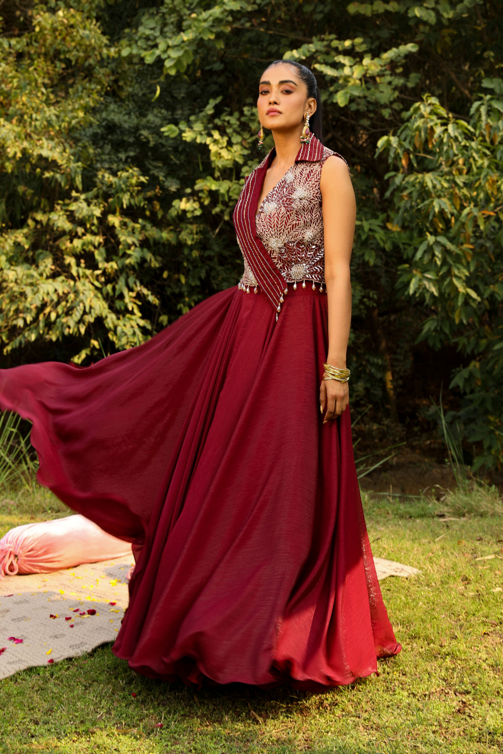 Aahana Wine Badla Embroidered Crop Jacket & Organza Skirt Set