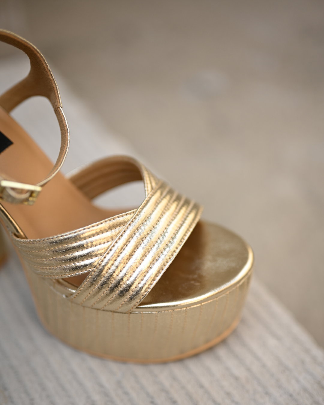 Gold Block Heels With Stitching Details