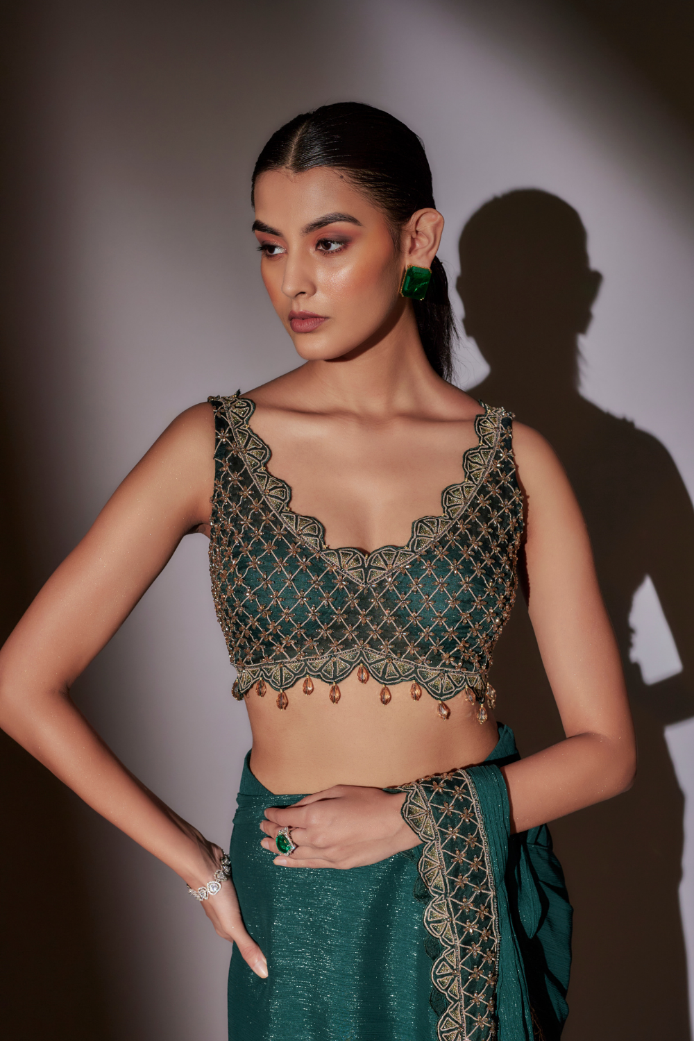 Rose Green Pre-Draped Saree with Heavy Hand Embroidered Blouse