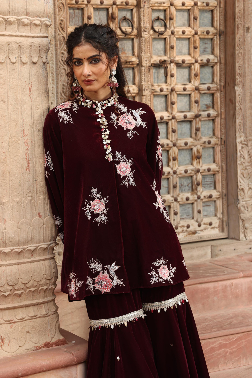 Wine Velvet Heavily Embroidered Kurta Sharara Set
