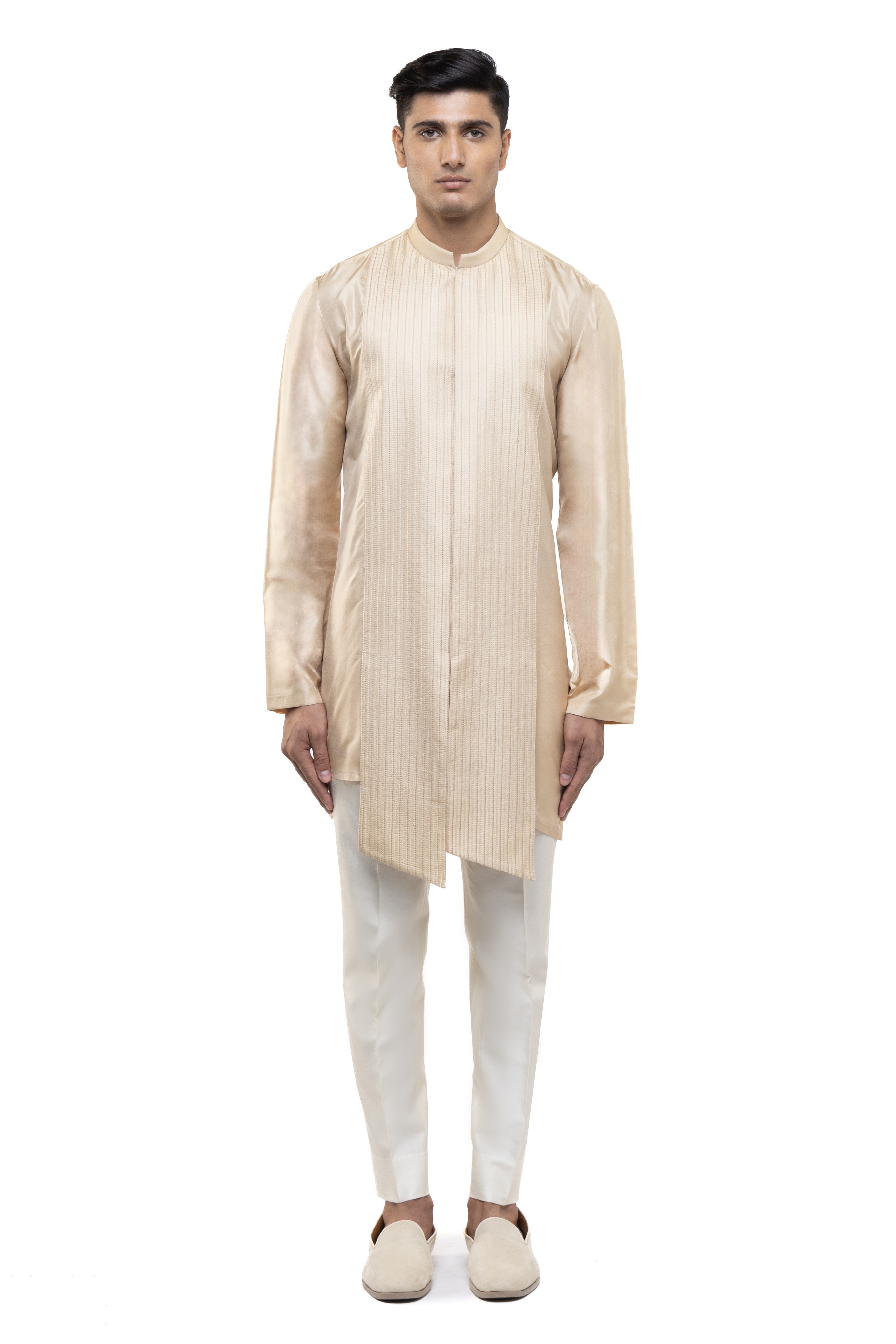 Beige Silk Asymmetric Pleated Kurta Set