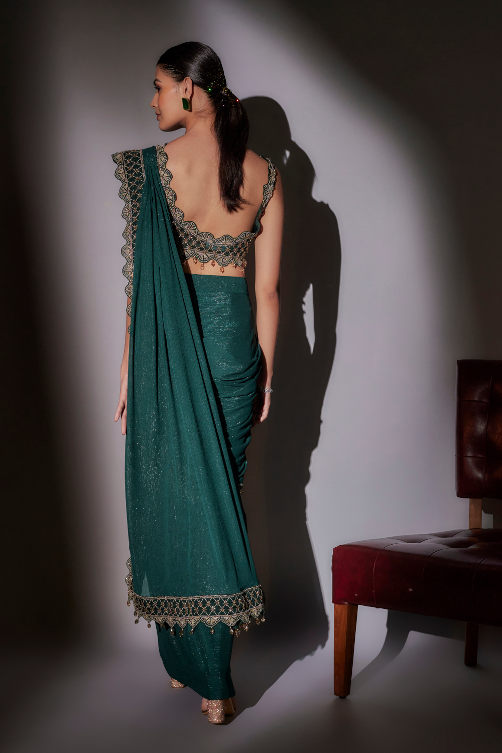 Rose Green Pre-Draped Saree with Heavy Hand Embroidered Blouse