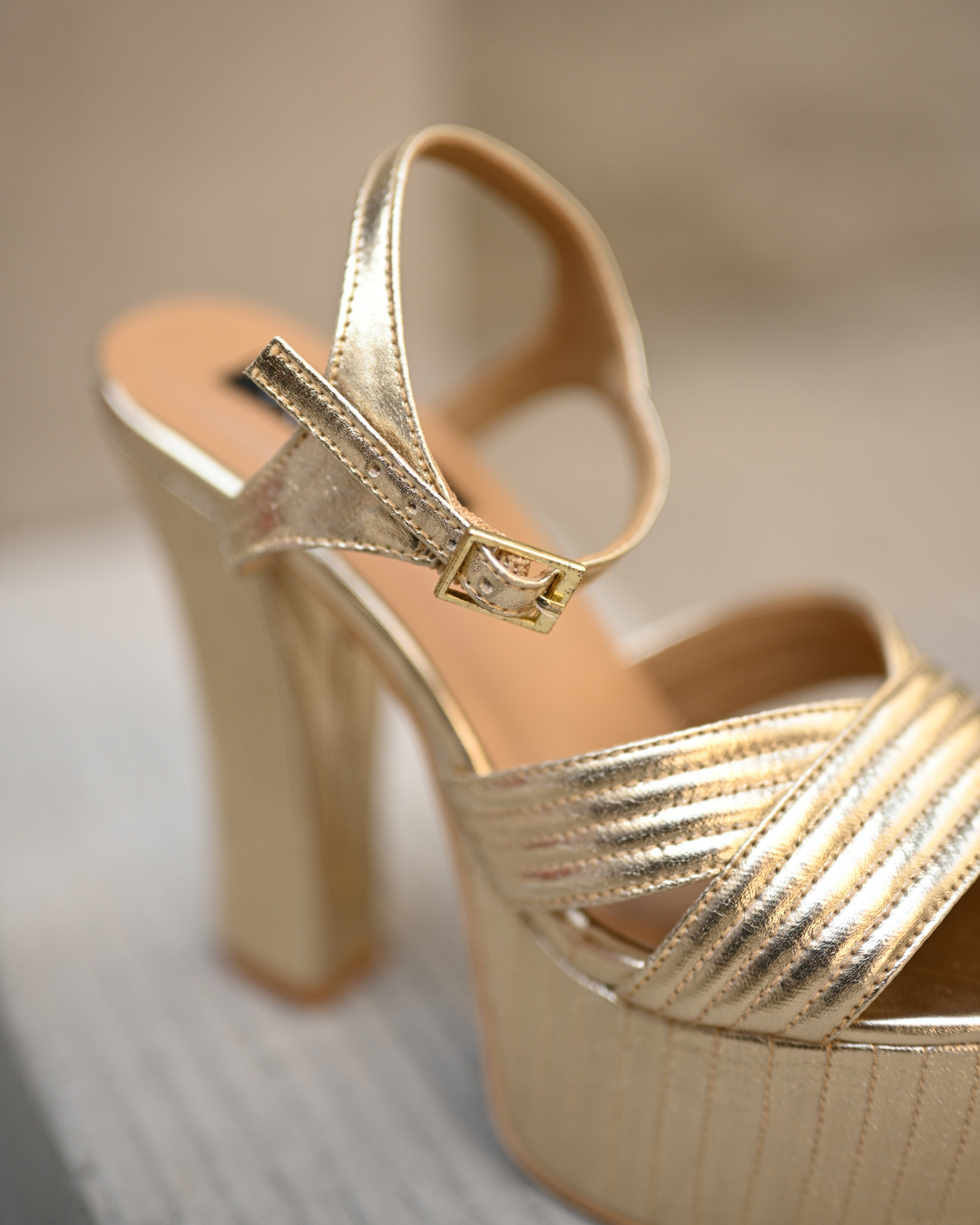 Gold Block Heels With Stitching Details