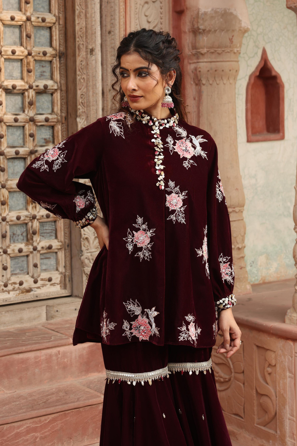 Wine Velvet Heavily Embroidered Kurta Sharara Set