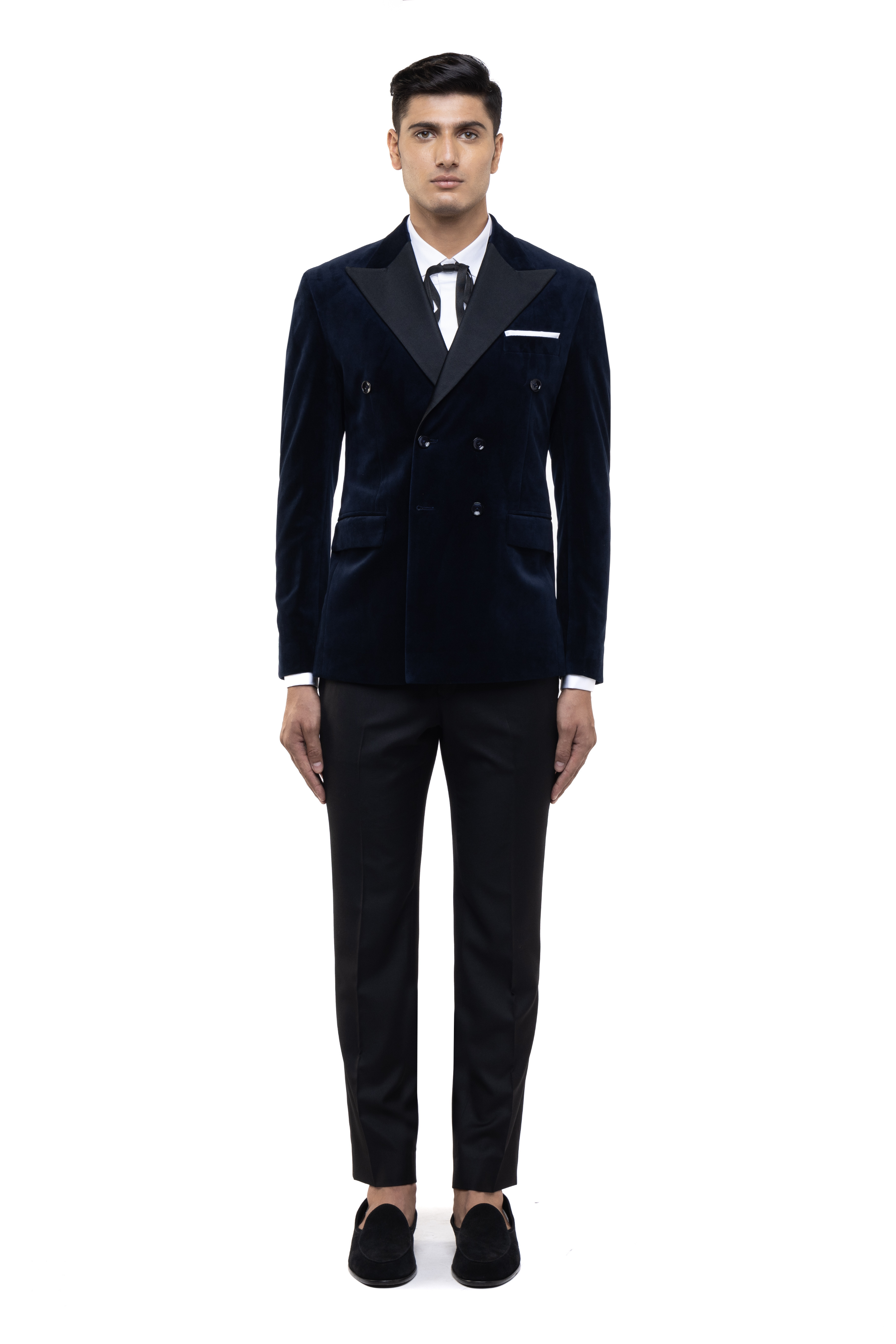 Navy Blue Velvet Peak Lapel Double Breasted Tuxedo Set