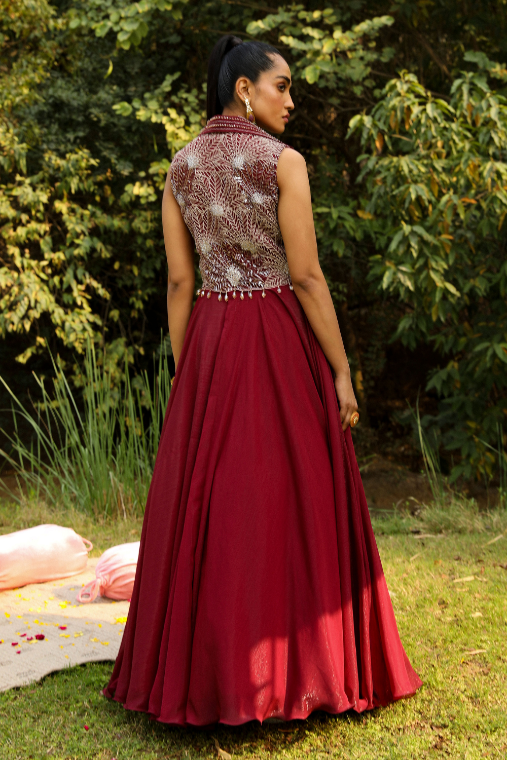 Aahana Wine Badla Embroidered Crop Jacket & Organza Skirt Set