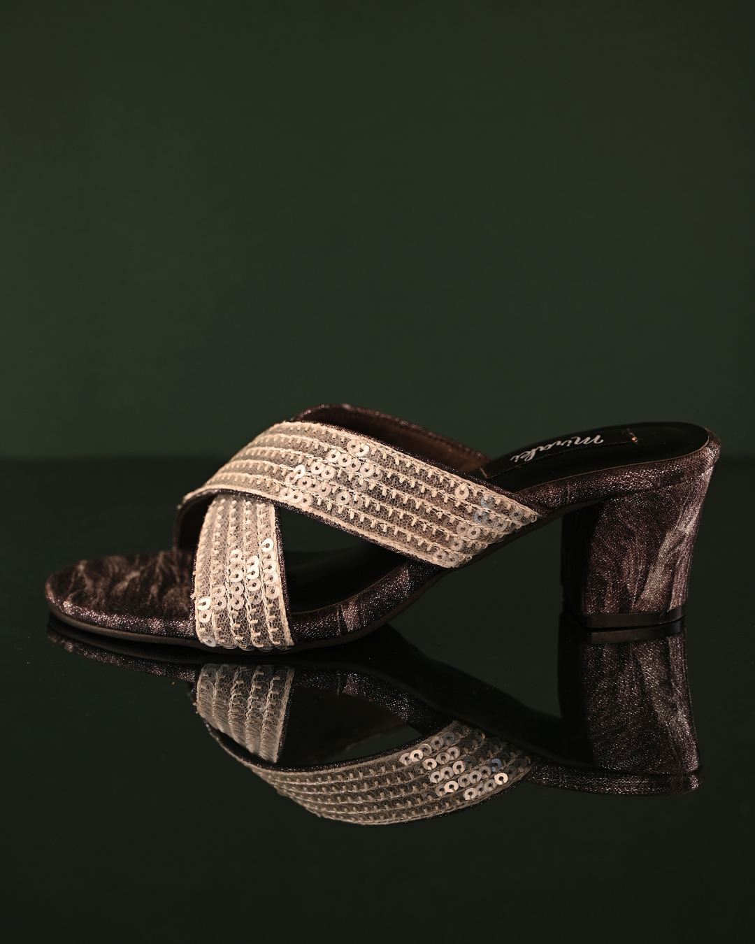 Black Block Heels With Criss Cross White Sequins Handwork