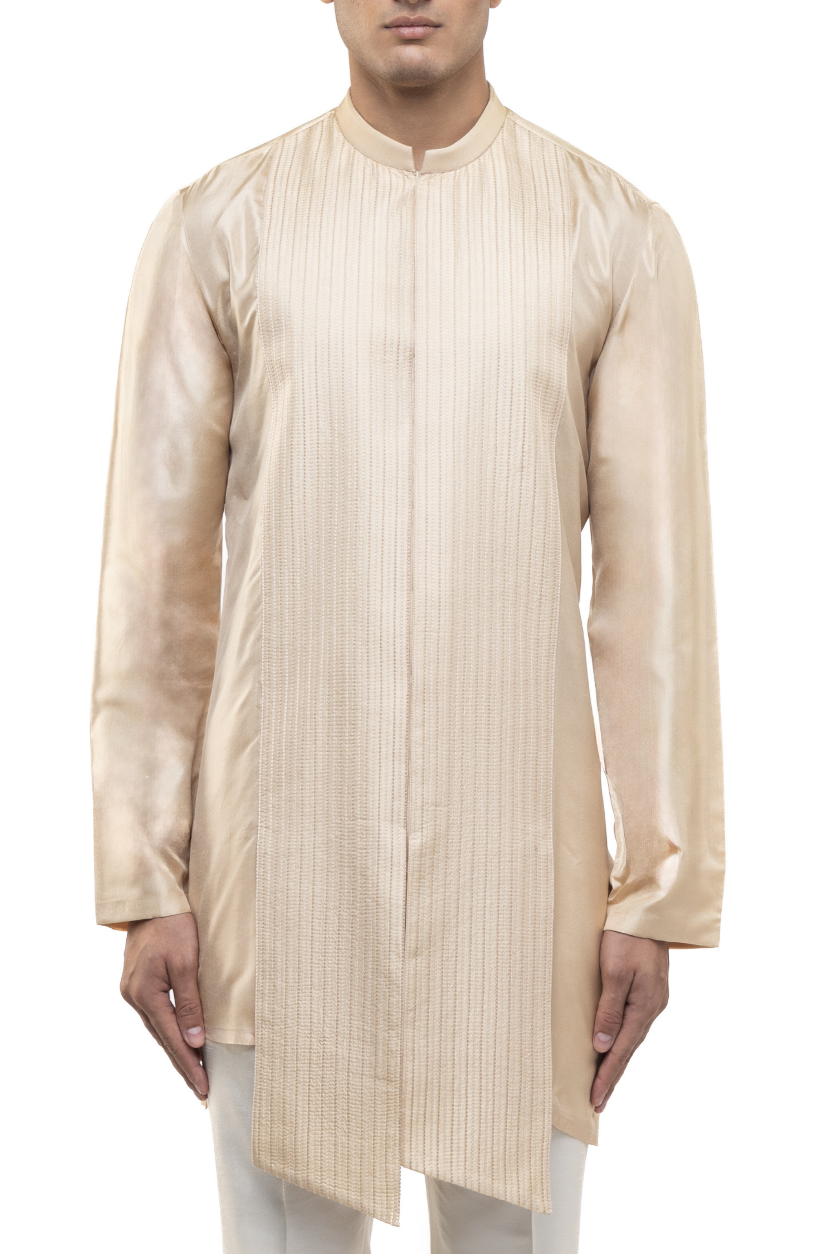 Beige Silk Asymmetric Pleated Kurta Set