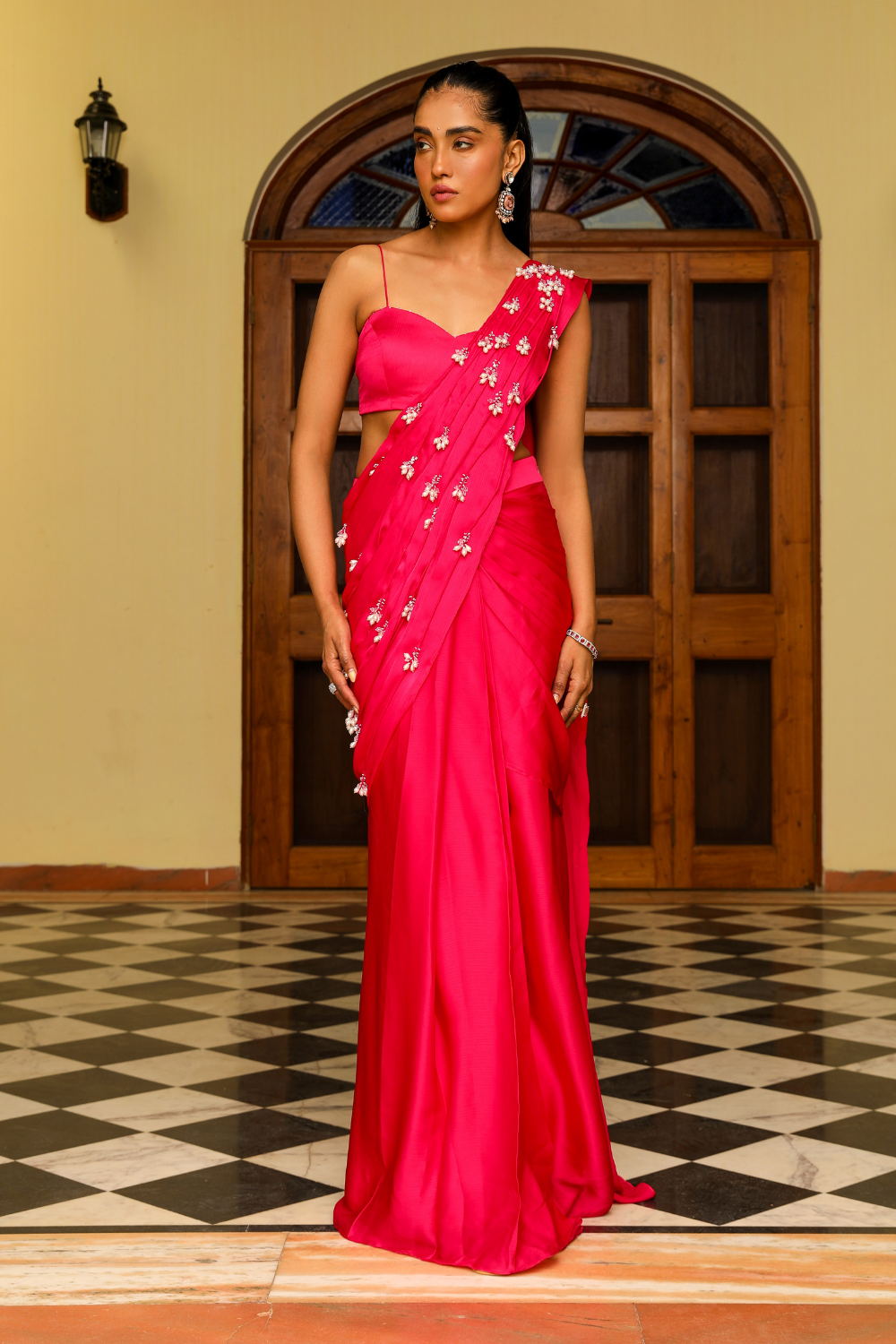 Mishri Rani Pink Mermaid Pre-Draped Saree with Dori Blouse