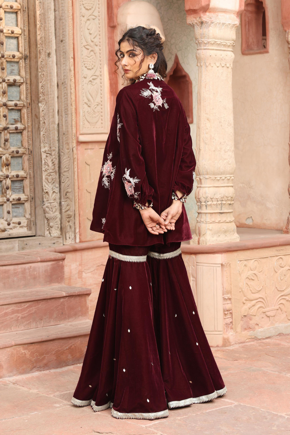 Wine Velvet Heavily Embroidered Kurta Sharara Set