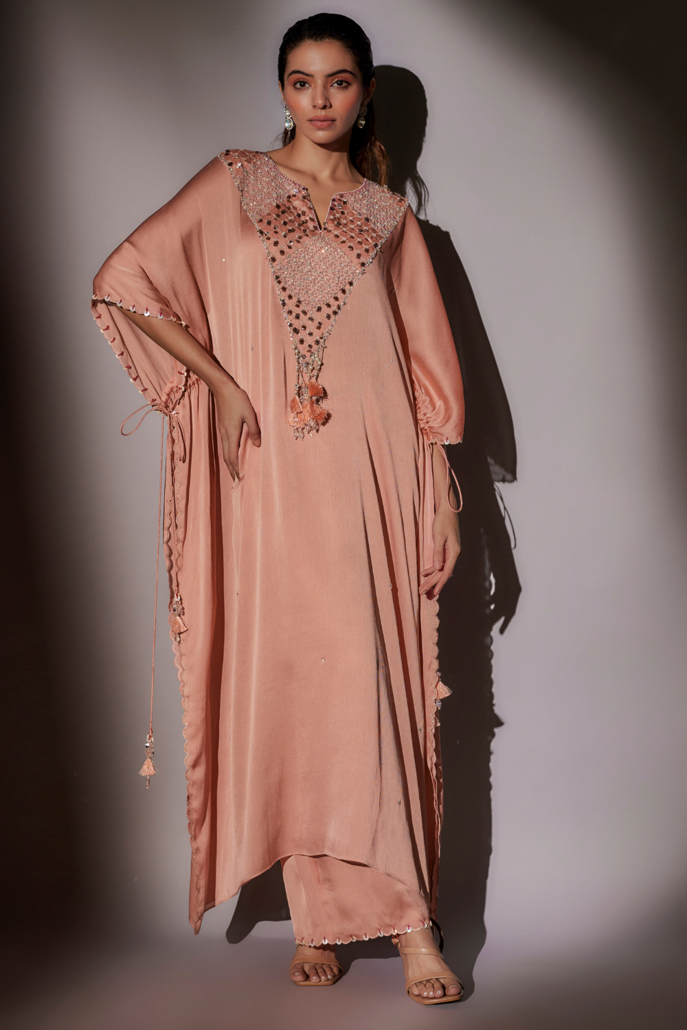 Roshni Peach Satin Chiffon Kaftan with Heavy Embroidery Set