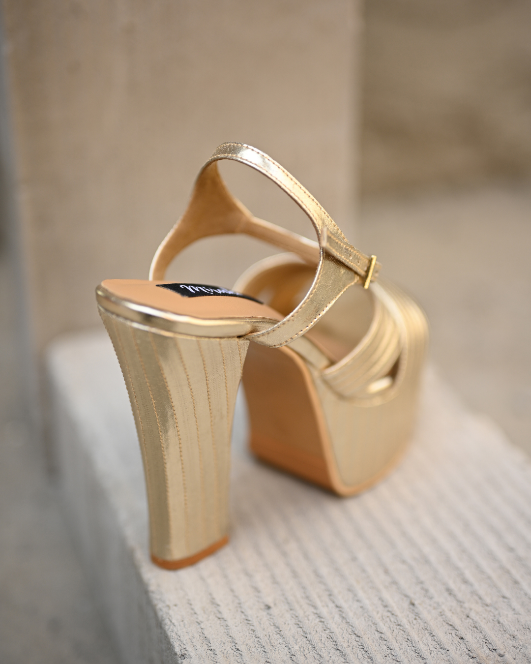 Gold Block Heels With Stitching Details