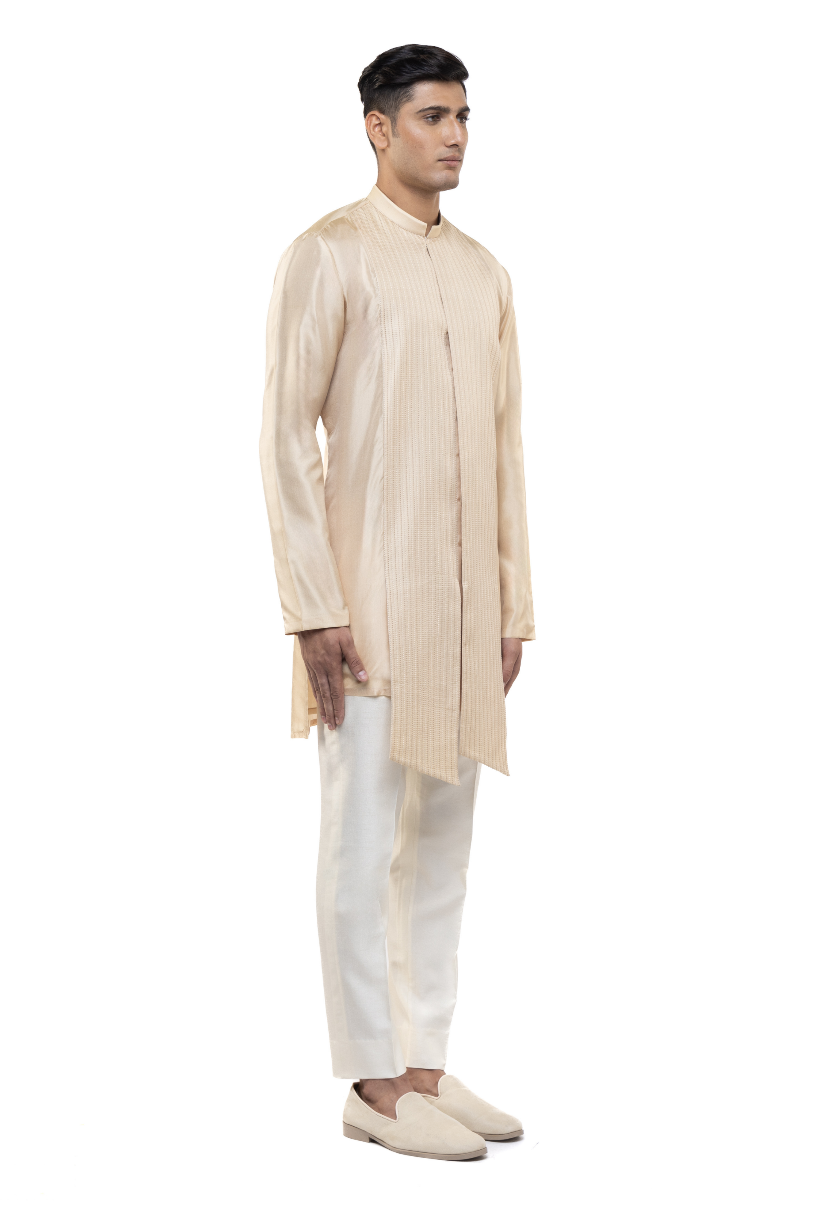 Beige Silk Asymmetric Pleated Kurta Set