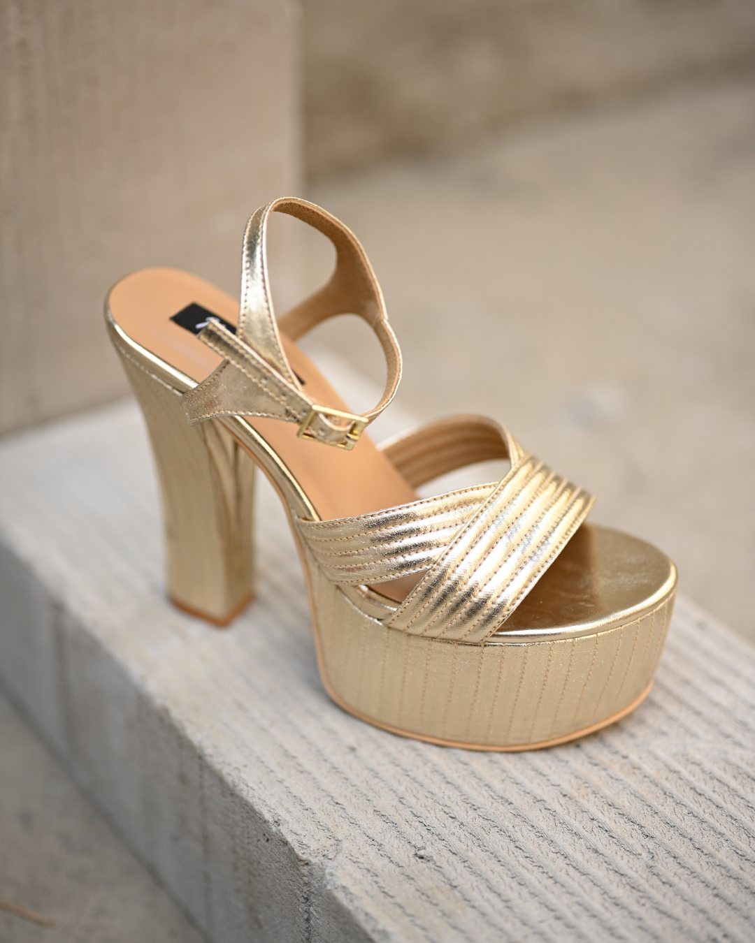 Gold Block Heels With Stitching Details