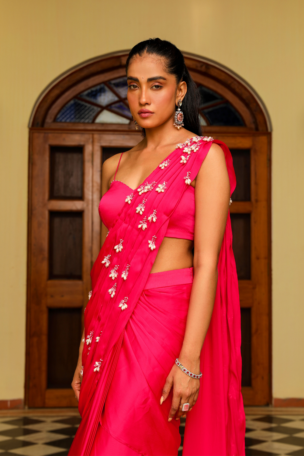 Mishri Rani Pink Pre-Draped Mermaid Saree with Dori Blouse