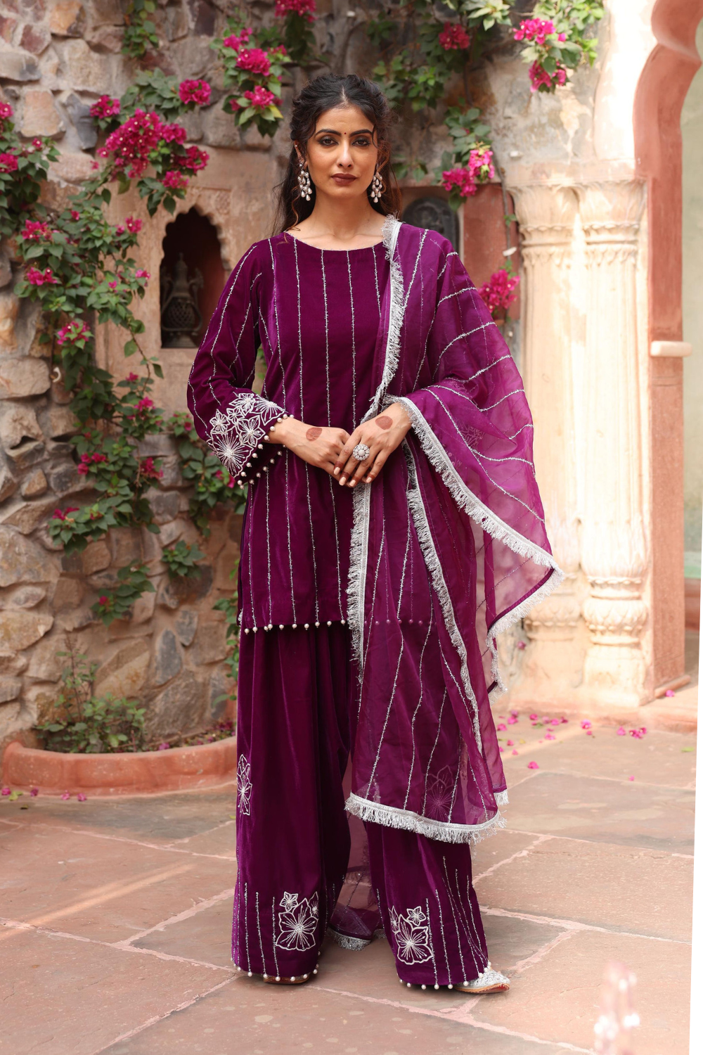 Elegant Purple Velvet Kurta Set with Embroidered Palazzo