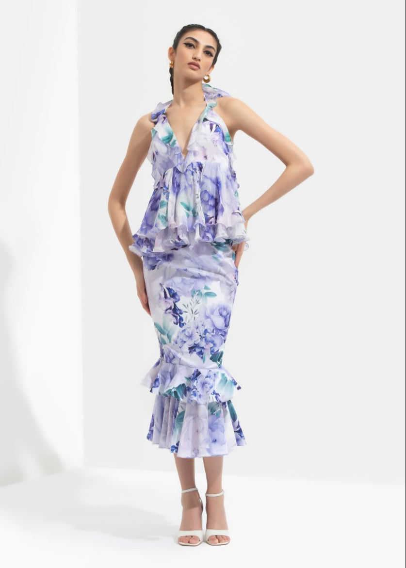 Ume Printed Halter Neck Top Paired With Skirt