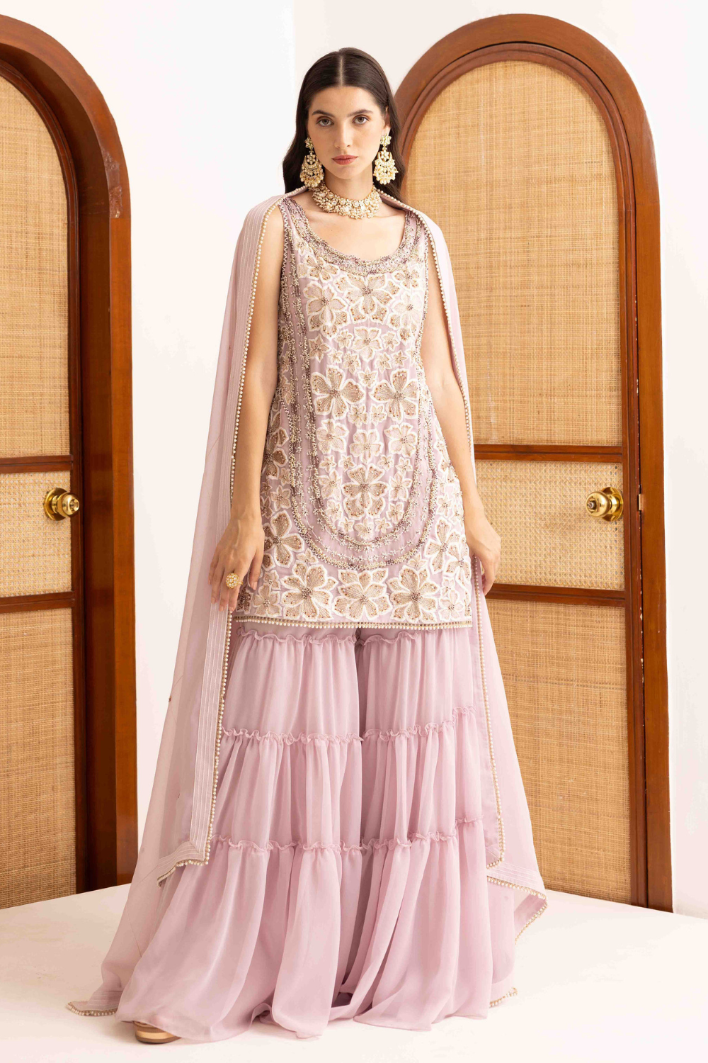 Lilac Georgette Prisha Short Kurta with Frill Sharara Set