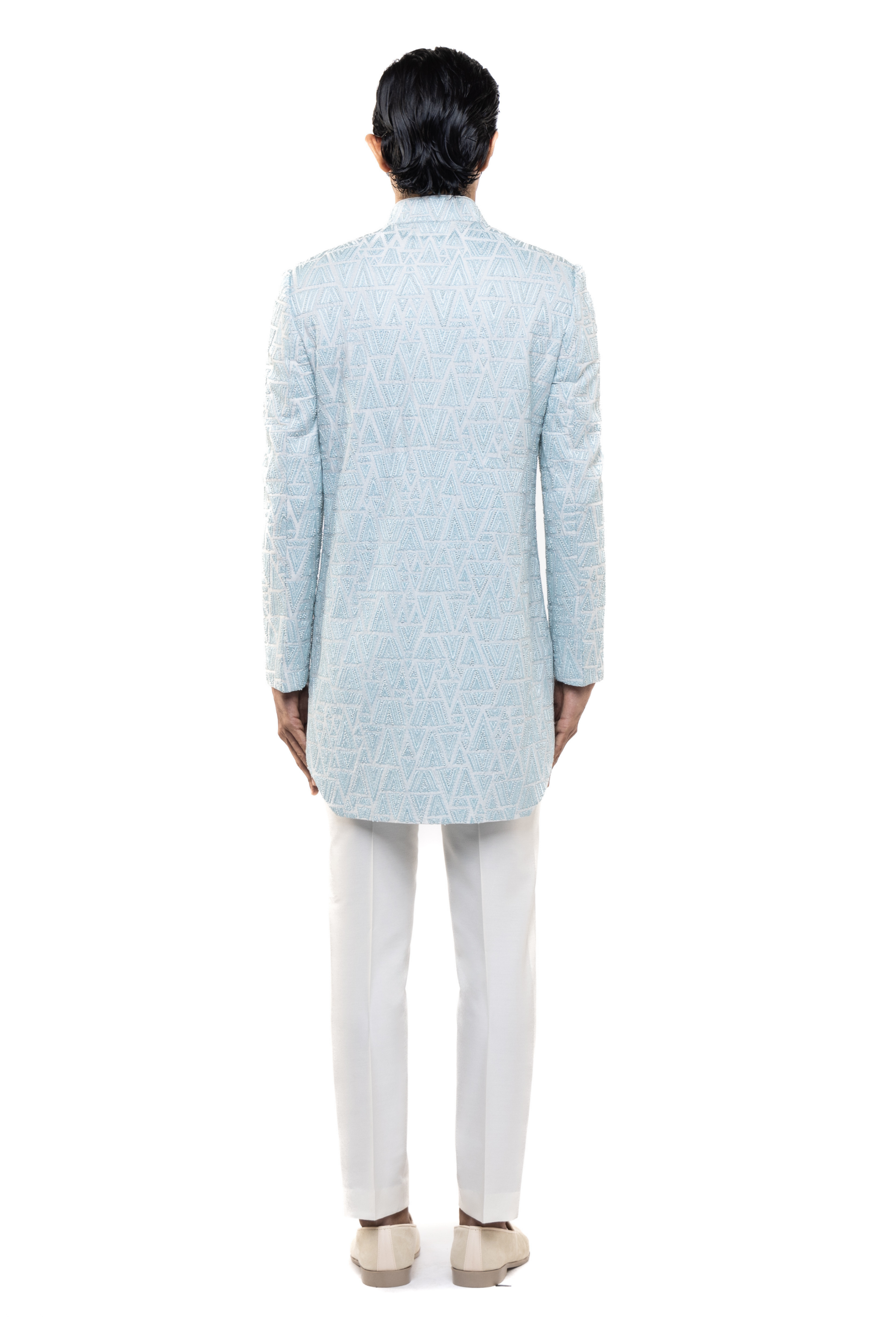 Light Blue Silk Geometric Thread Embroidered Sherwani Set