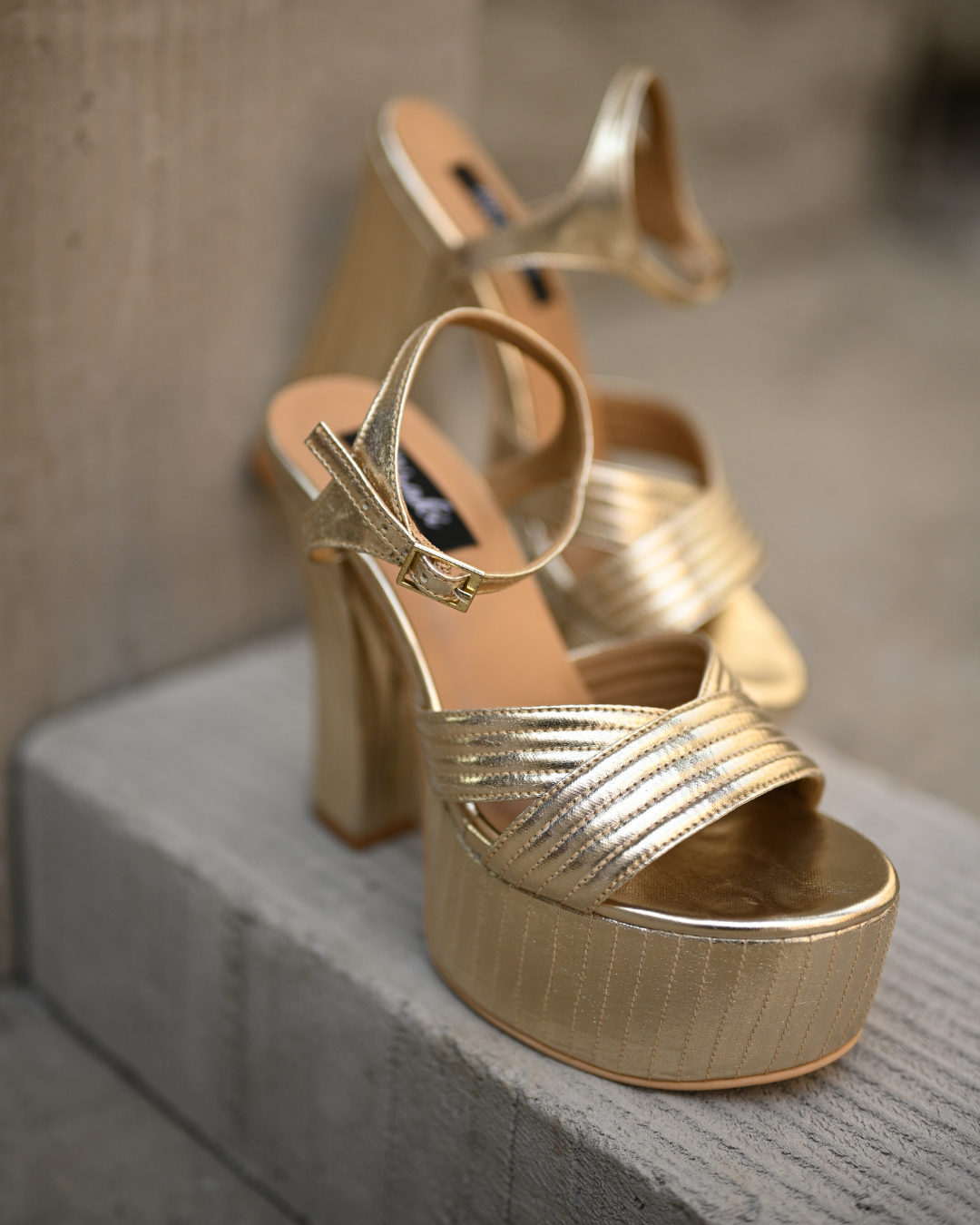 Gold Block Heels With Stitching Details