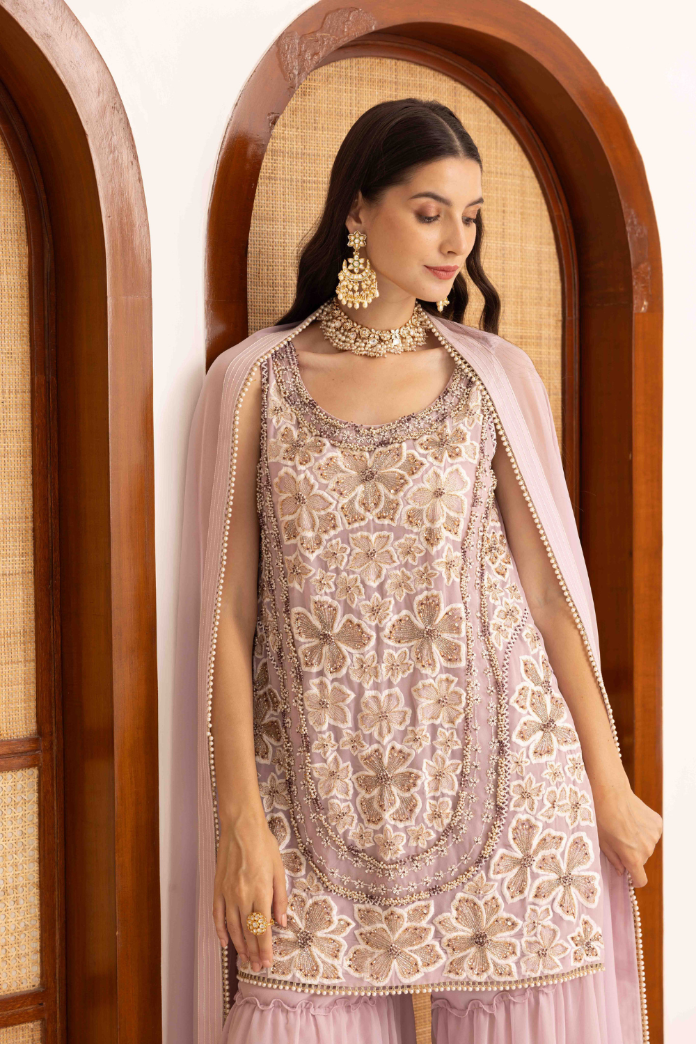 Lilac Georgette Prisha Short Kurta with Frill Sharara Set