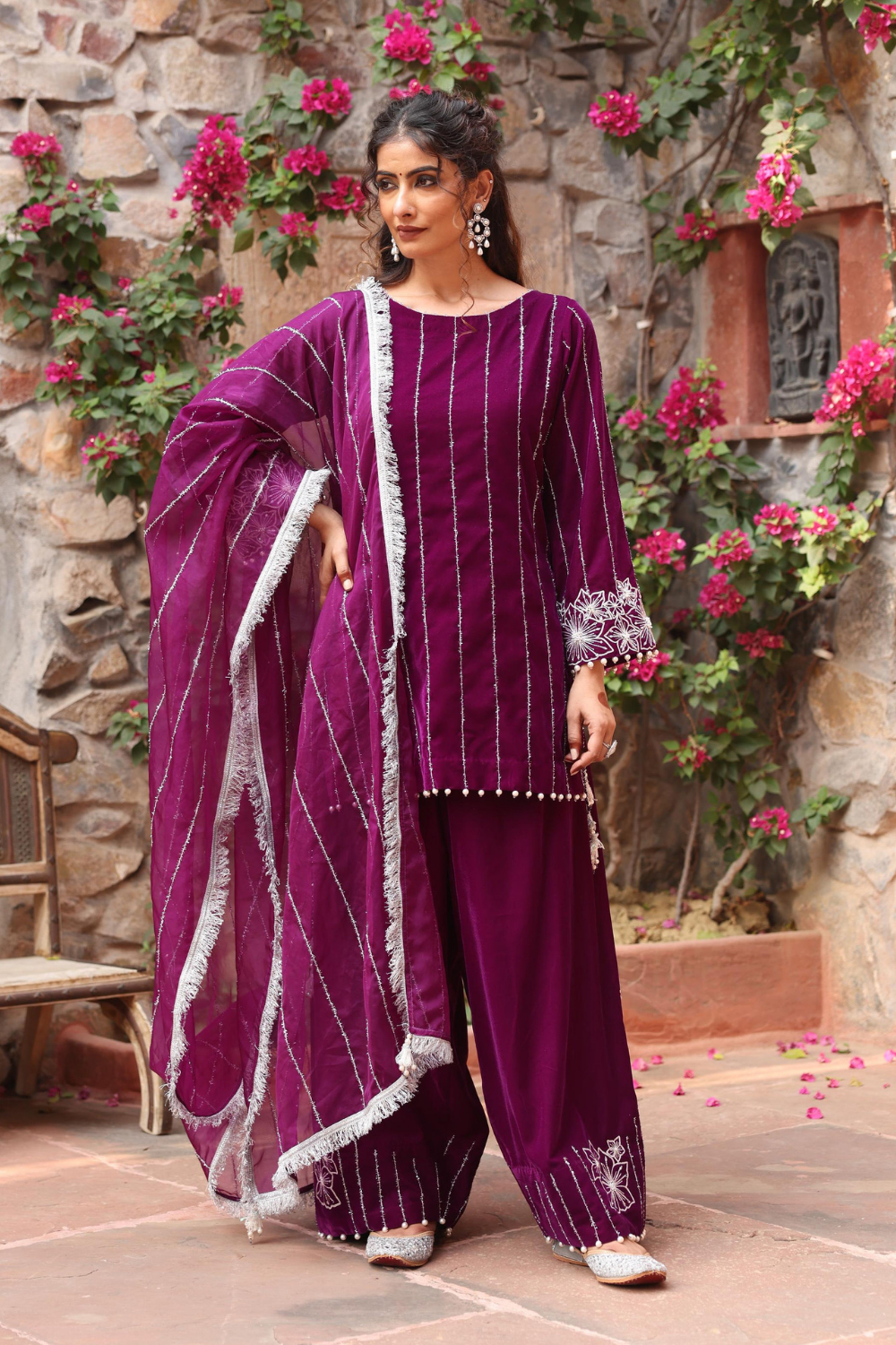 Elegant Purple Velvet Kurta Set with Embroidered Palazzo
