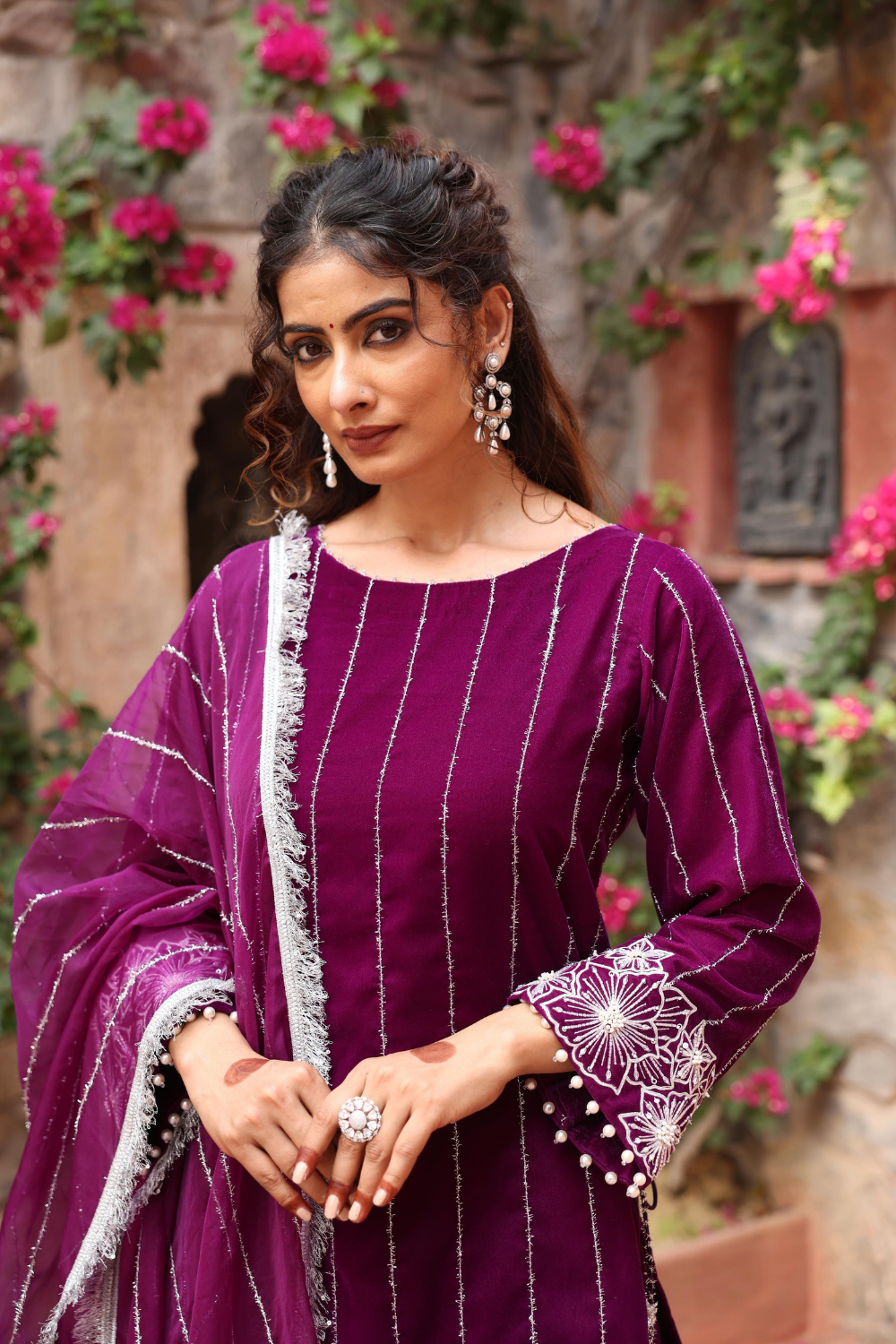 Elegant Purple Velvet Kurta Set with Embroidered Palazzo