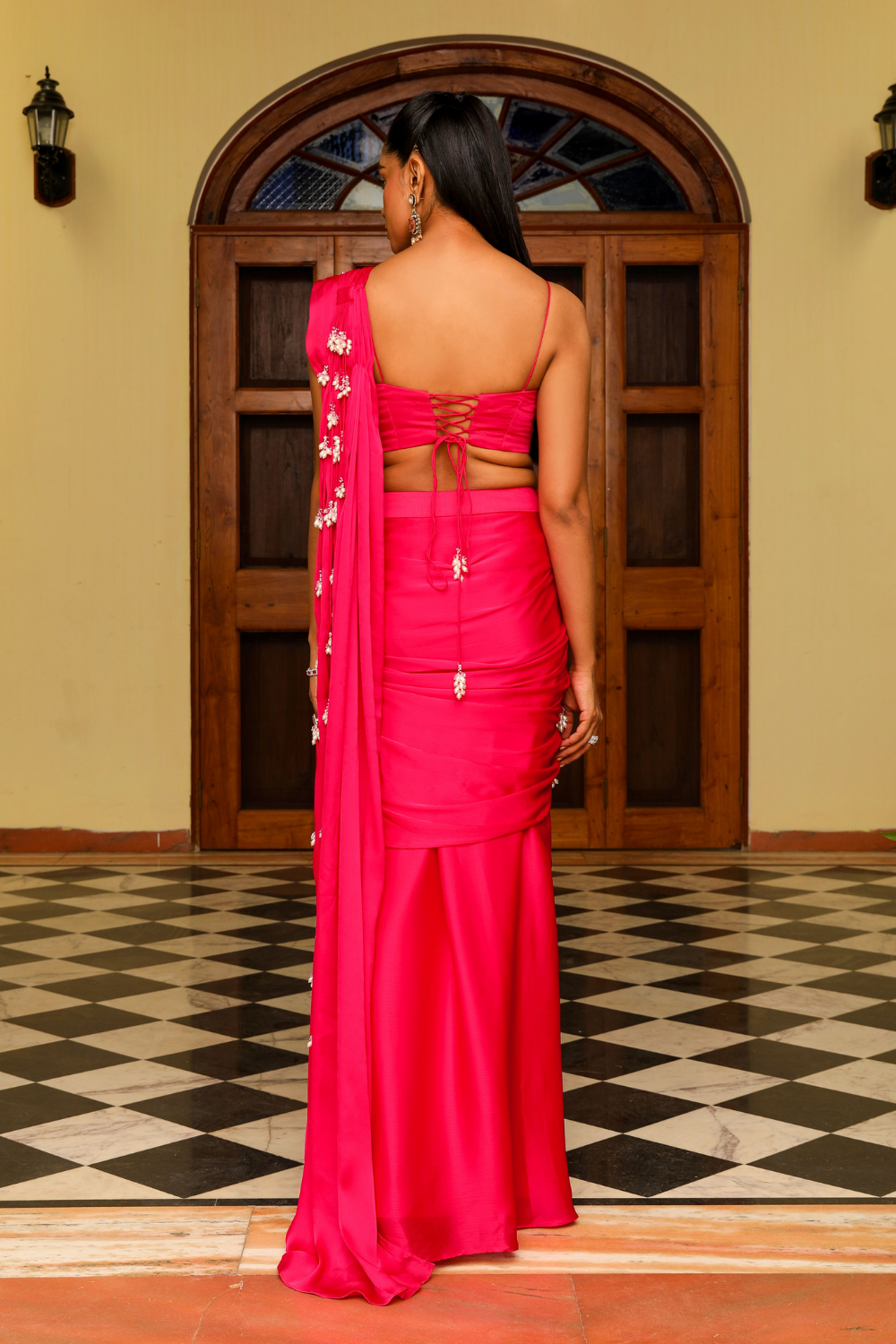Mishri Rani Pink Mermaid Pre-Draped Saree with Dori Blouse