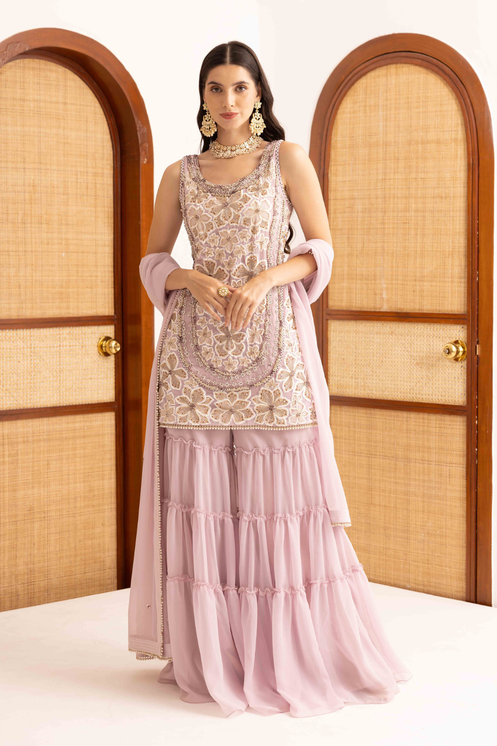 Lilac Georgette Prisha Short Kurta with Frill Sharara Set