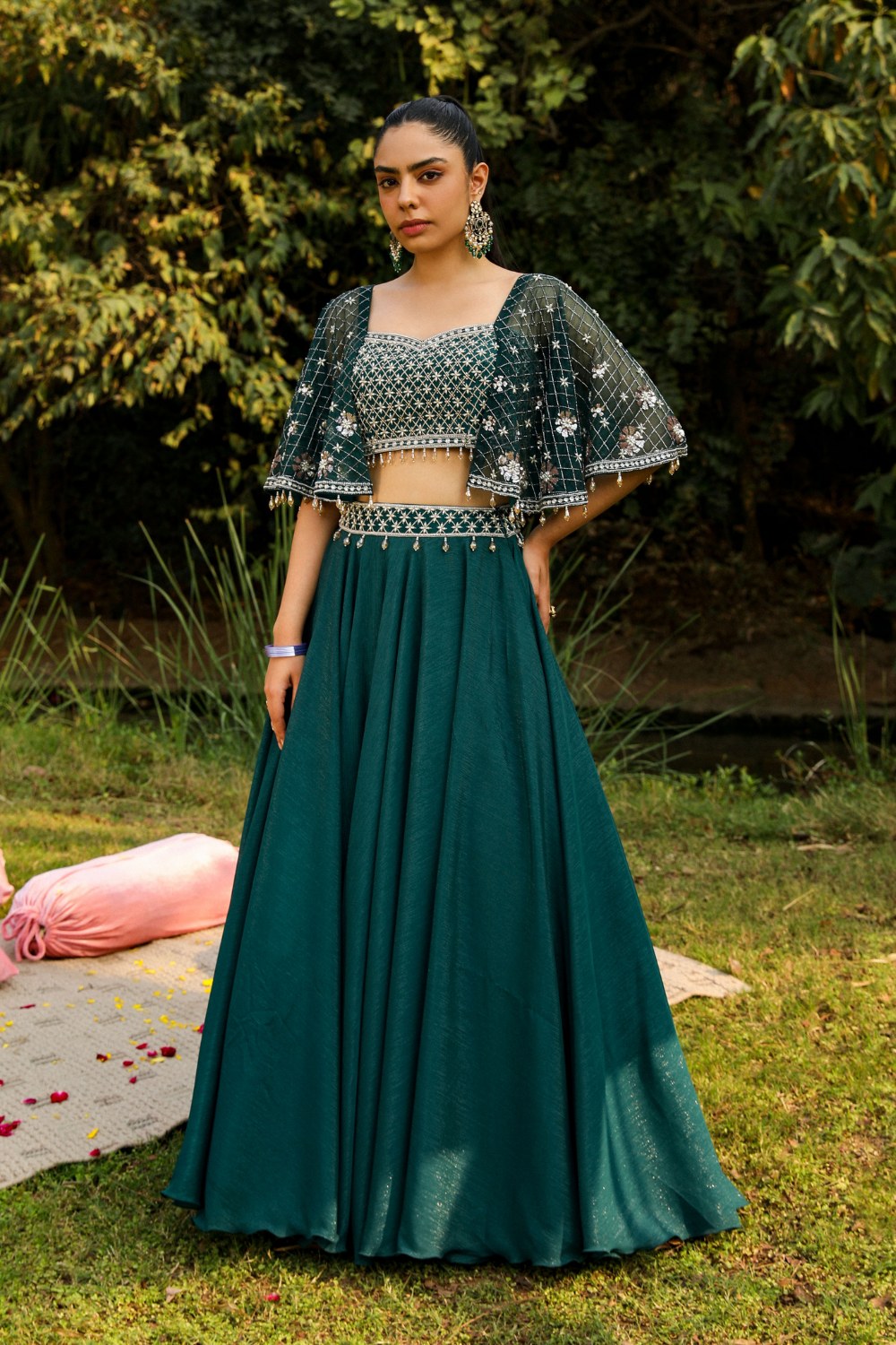 Aashvi Green Organza Skirt Set with Heavy Petal Embroidery Blouse