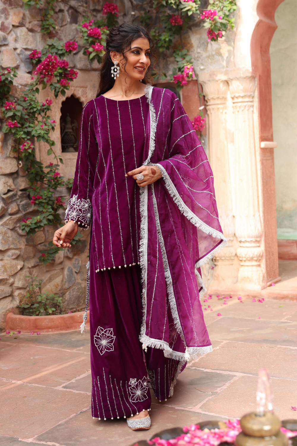 Elegant Purple Velvet Kurta Set with Embroidered Palazzo