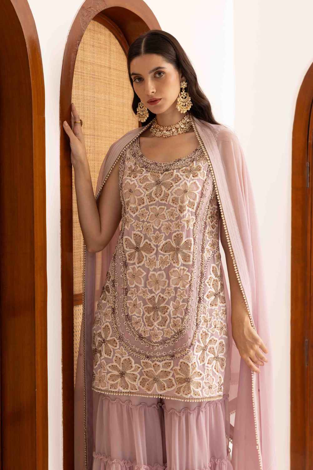 Lilac Georgette Prisha Short Kurta with Frill Sharara Set