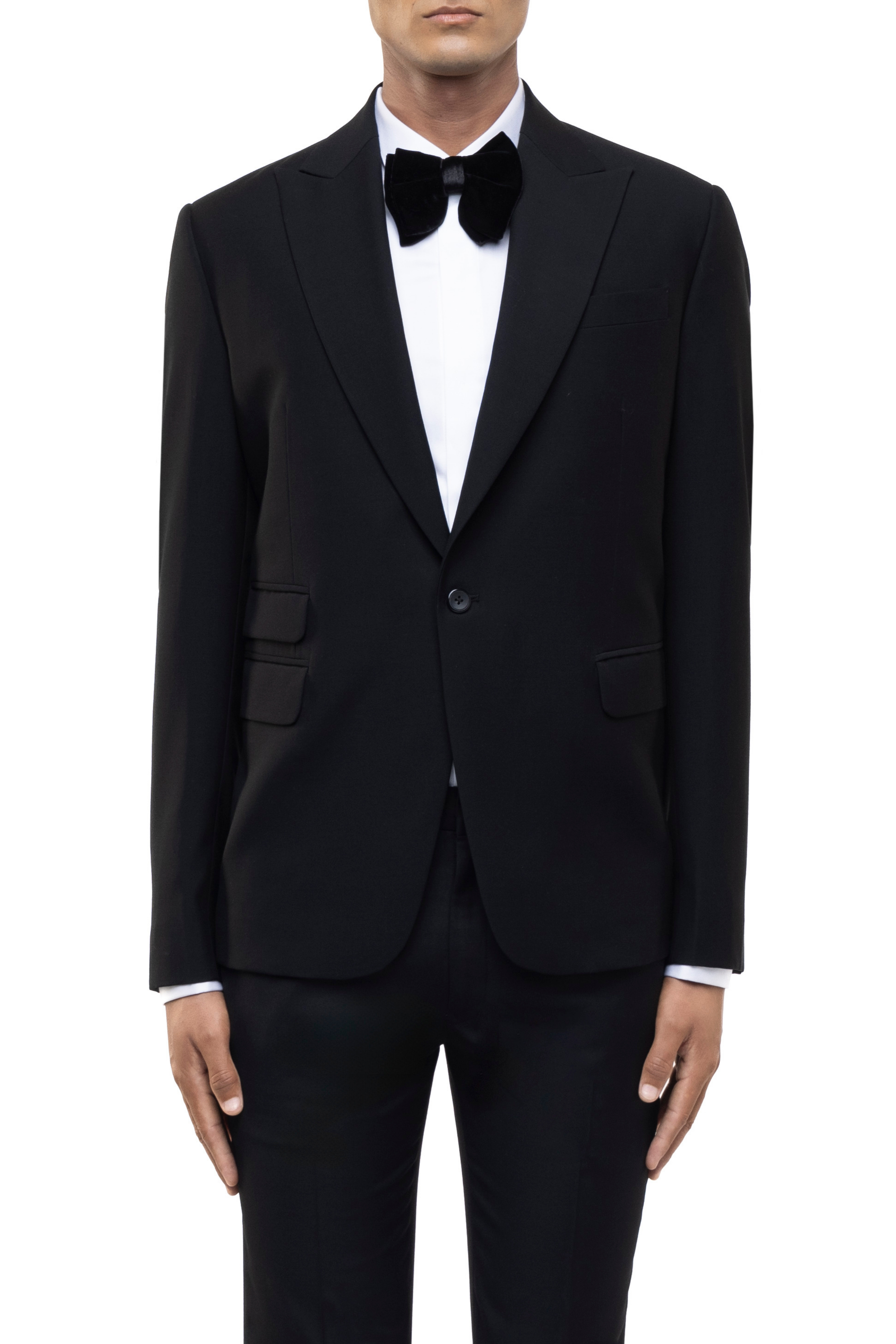 Black Worsted Wool Classic Peak Lapel Single Breasted Tuxedo Set