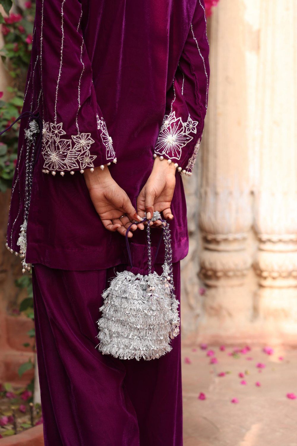 Elegant Purple Velvet Kurta Set with Embroidered Palazzo