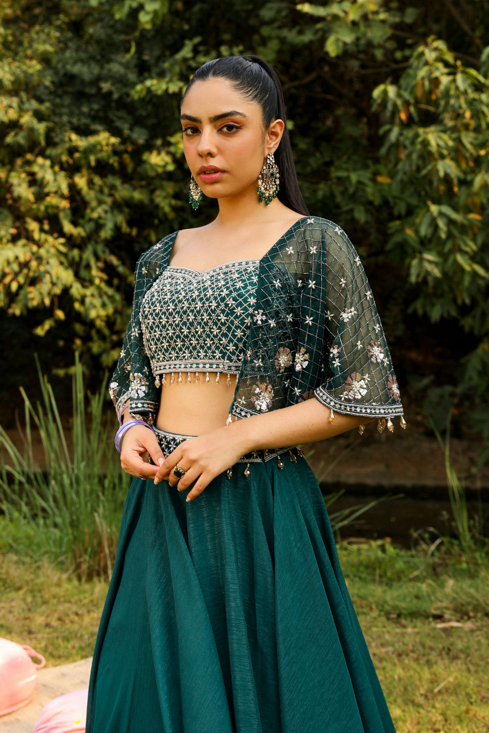 Aashvi Green Organza Skirt Set with Heavy Petal Embroidery Blouse