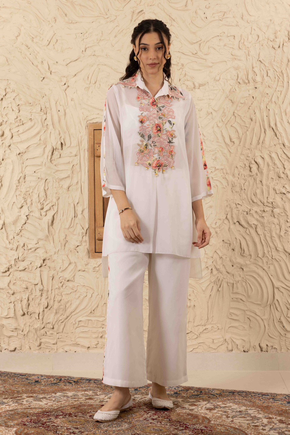 Aditi Co-ord Set - Ivory Embroidered Flowy Georgette Luxury Set
