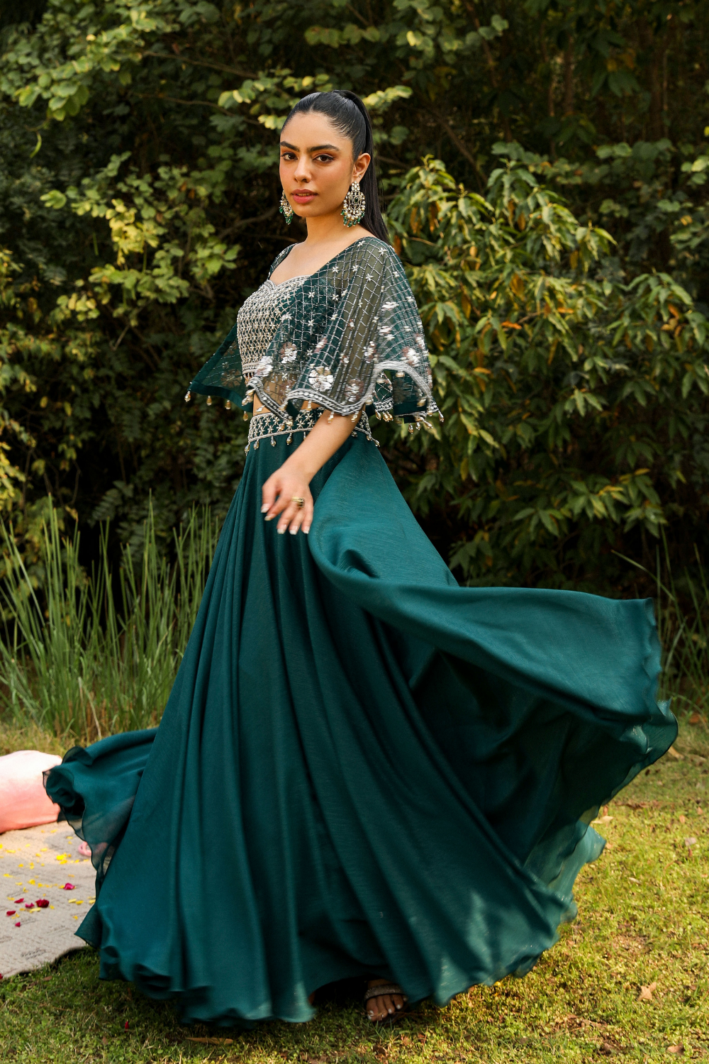 Aashvi Green Organza Skirt Set with Heavy Petal Embroidery Blouse